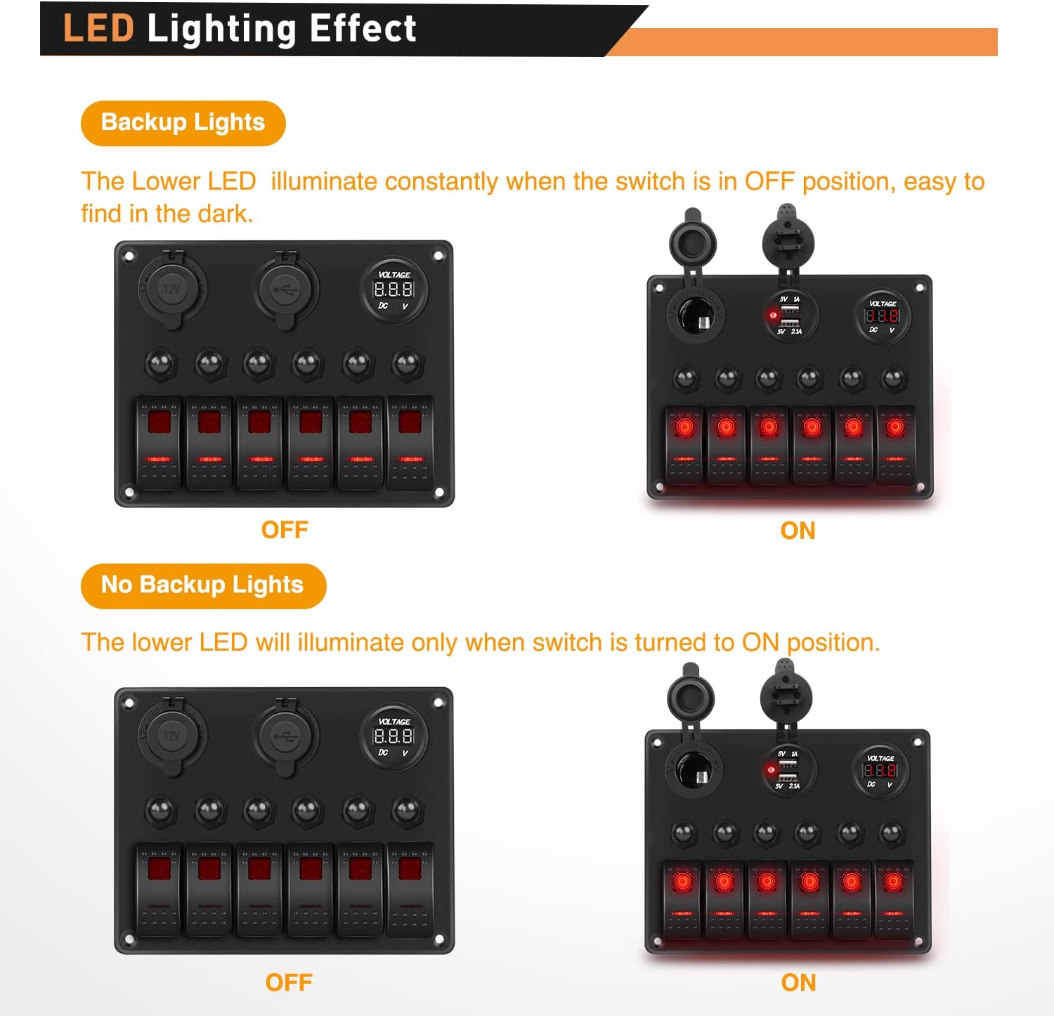 Waywe 6 Gang Rocker Switch Panel ON/Off Red Backlit with LED Voltmeter, Dual USB 3.1A Charger, 12V Power Socket, Overload Protection, 12V/24V for Car, RV, Boat, Truck