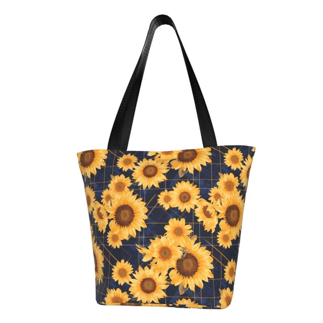 Fotbe Navy Blue Plaid Sunflower Bolsa de Playa con Estampado, Bolsa de Hombro, Bolsa de Mano Espaciosa, Bolsa de Viaje Ligera, Bolsa de Compras Versátil