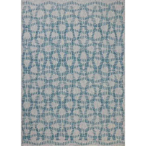 Indoor Outdoor Rug 5x8, Reversible, Loloi Easton Fog / Teal (5'3" x 7'6")