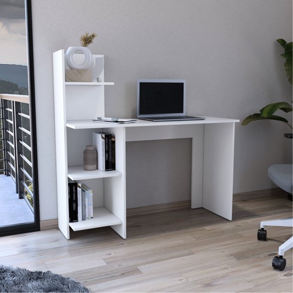 White Desk With Four Shelves - 47.46" H X 48.1" W 17.68" D, Modern Computer Three Open D