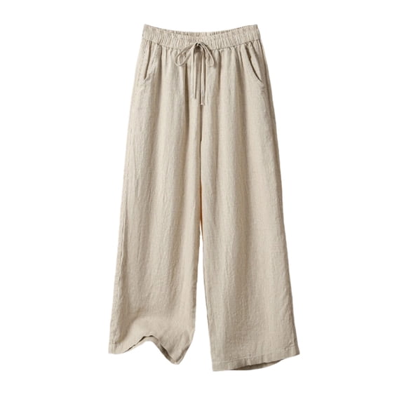 Jerdar Women's Lightweight Linen Capri Pants Summer Wide Leg Pocket Drawstring Elastic Waist Pants L