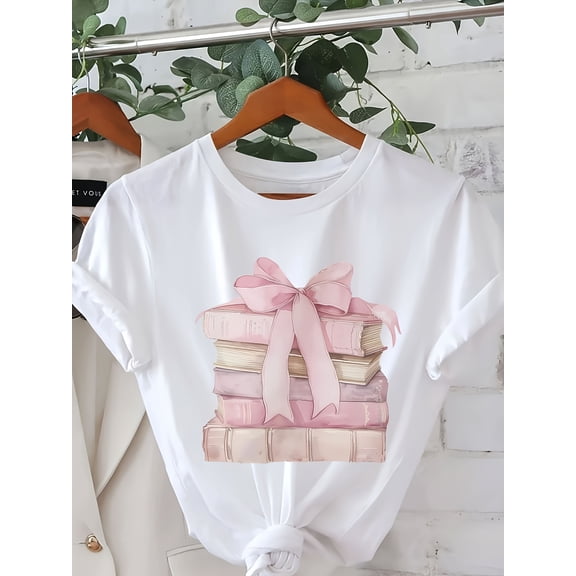 Book Stack With Pink Bow T‑Shirt for Women, Reading Lover Watercolor Graphic Tee, Casual Spring‑Summer Top, Bookworm Gift