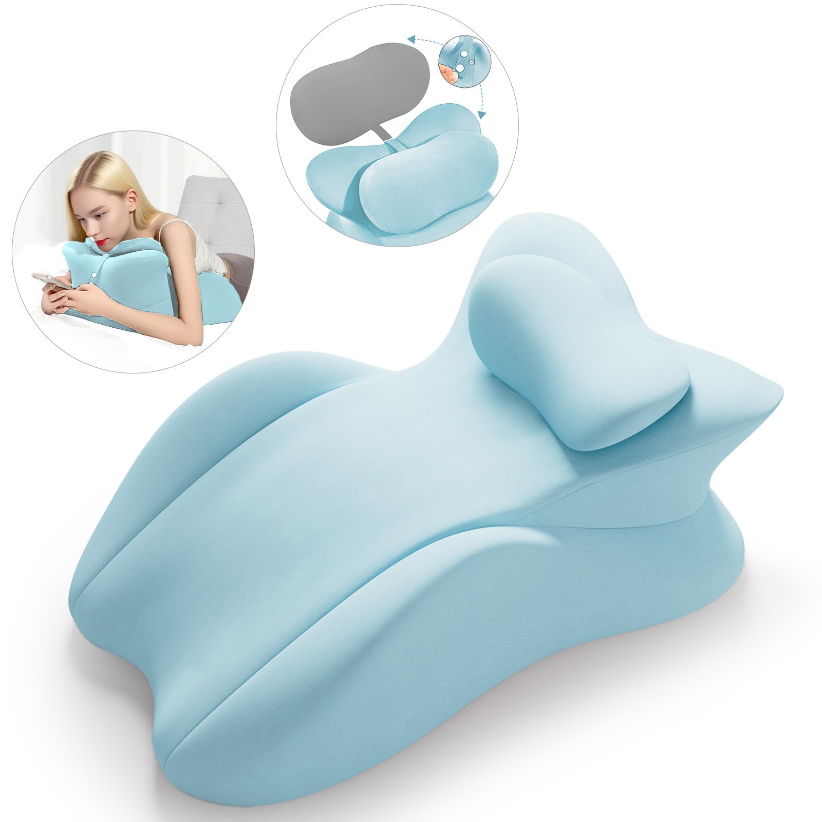 TOPCHANCES Lumbar Support Pillow, Memory Foam Back Support Cushion, Orthopaedic Bed Wedge Pillow with Removable Headrest, Ergonomic Backrests for Back, Neck, Lumbar & Legs (Blue)