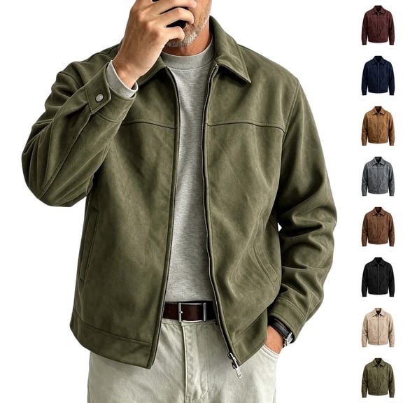 Fanshiluo Men's Collared Faux Suede Zip Up Jacket, Long Sleeve Casual Lightweight Outerwear Coat,Size S-2XL