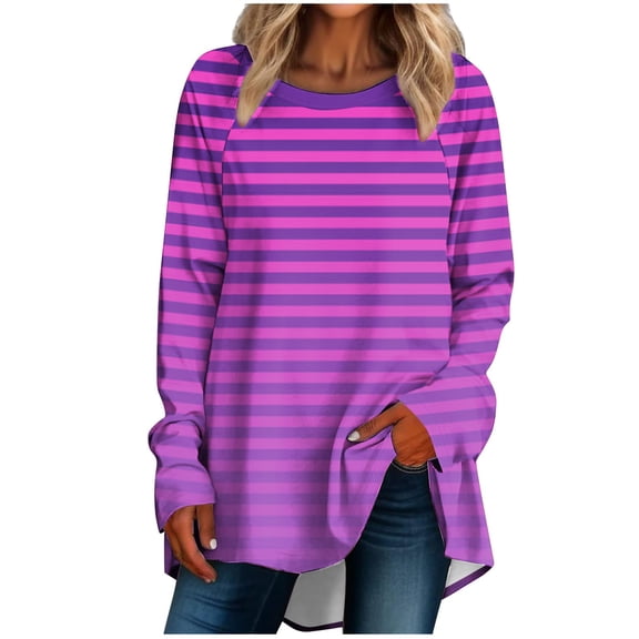 ZyeKqe Womens Tunic or Tops to Wear with Leggings Long Raglan Sleeve Shirts Crewneck Striped Pleated Loose Fitted Blouses
