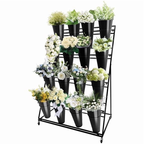 Black Metal Plant Stand with 16 Black Round Flower Pots, 4 Wheels with latches, Great for Garden, Terrace, and Living Room Spaces