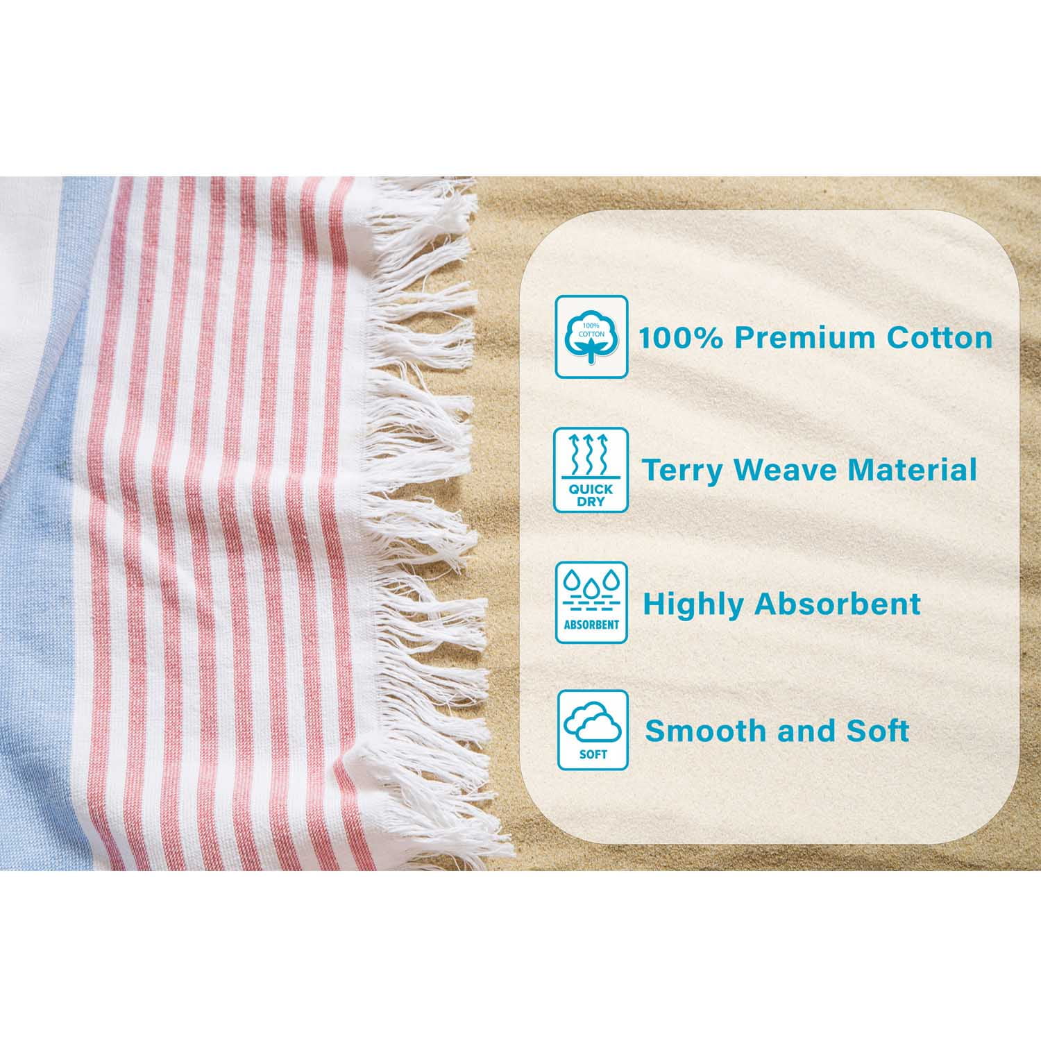 Superior Summery Stripe Fouta Cotton Beach Towel with Fringe, 35" x 68"