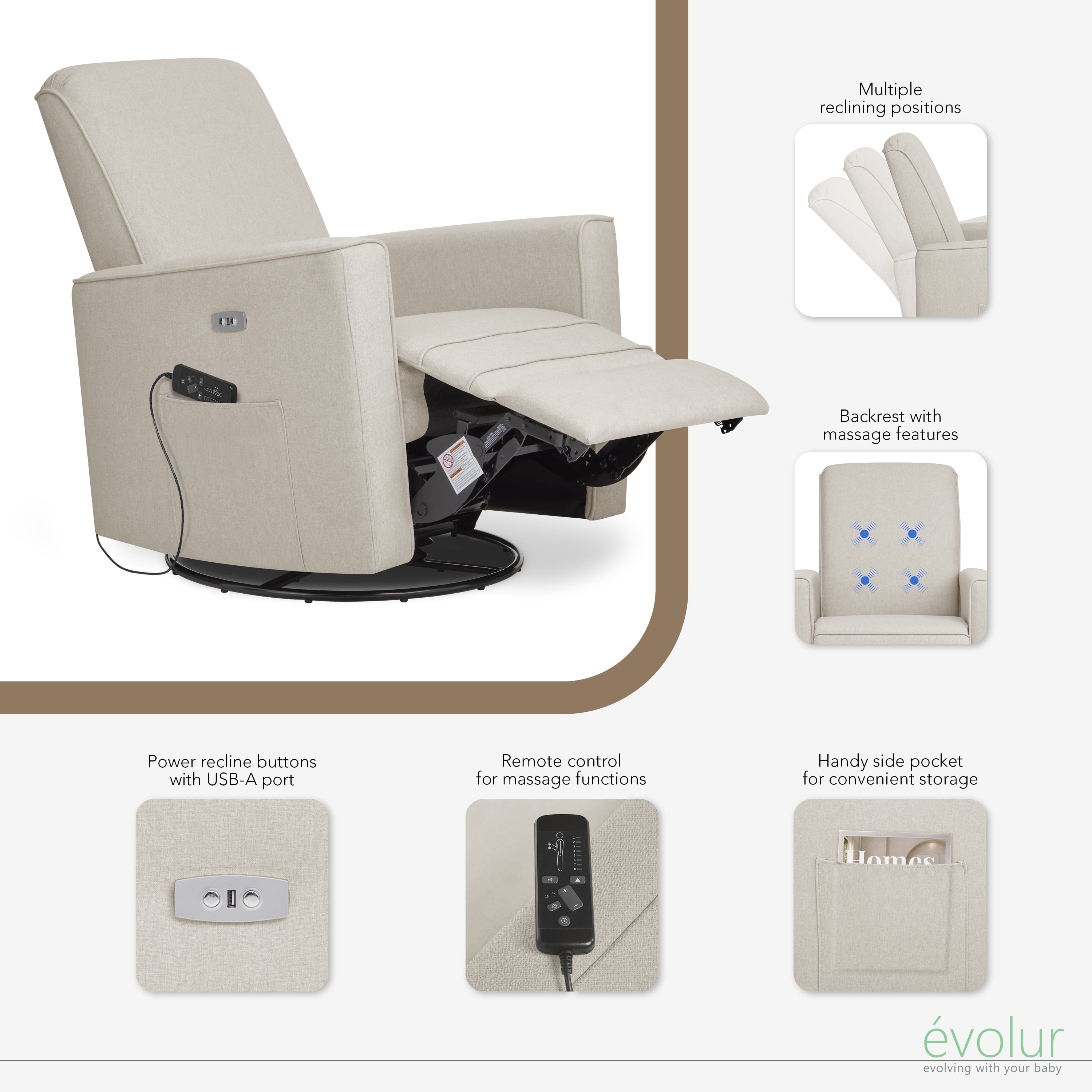Evolur Harlow Deluxe Upholstered Glider, Power Recliner USB Port with in-Built Massager, Light Sand