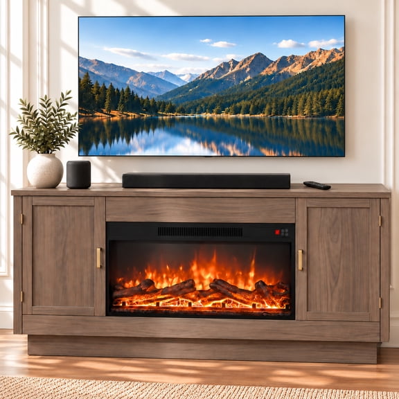 CLOUREST PRO Fireplace TV Stand for 80″ TVs Fireplace Entertainment Center TV Console Table with 36″ Fireplace, Holds up to 200 lbs, Brown
