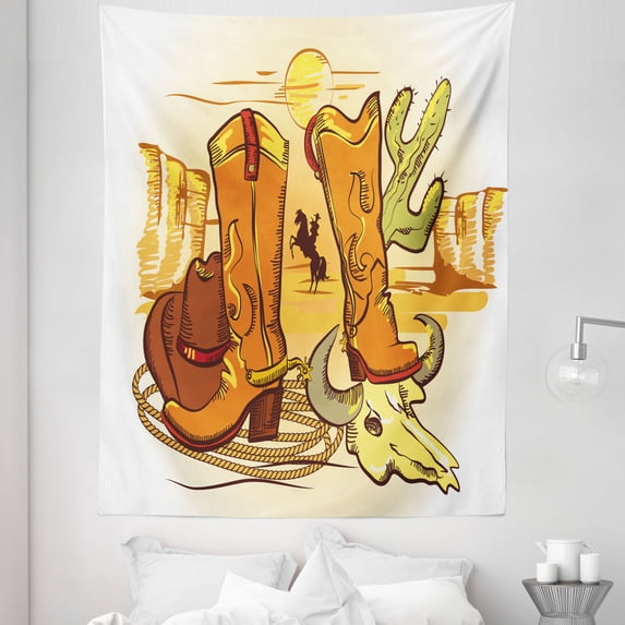 Western Tapestry, Illustration Old Wild West Elements Shoes and Image of Cowboy Print, Fabric Wall Hanging Decor for Bedroom Living Room Dorm, 5 Sizes, Yellow Orange, by Ambesonne