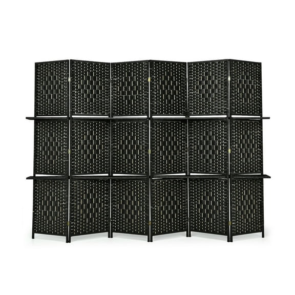 Gymax 6 Panel Folding Room Divider 6Ft Weave Fiber Privacy Screen W/ 2 Display Shelves Black