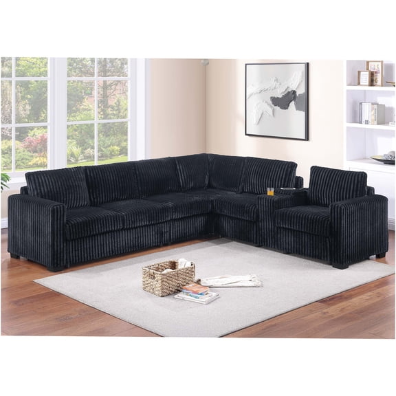 JERFIT Modern 4-Piece L-Shaped Sectional Sofa with USB Charger, Cup Holders & Reversible Chaise for Living Room, Black Corduroy