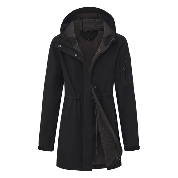 Pisexur Women's Softshell Jacket Long Fleece Warm Women's Winter Jackets Fashion Solid Color Casual Zipper Hooded Winter Coats with Drawstring Waist S-4XL Black