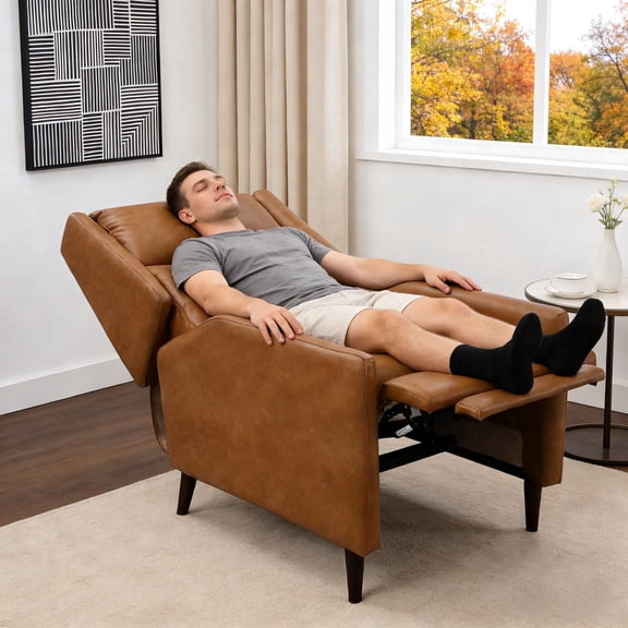 Leovanni Mid Century Modern High Back Manual Pushback Recliner Faux Leather Armchair with Wood Legs for Living Room, Brown