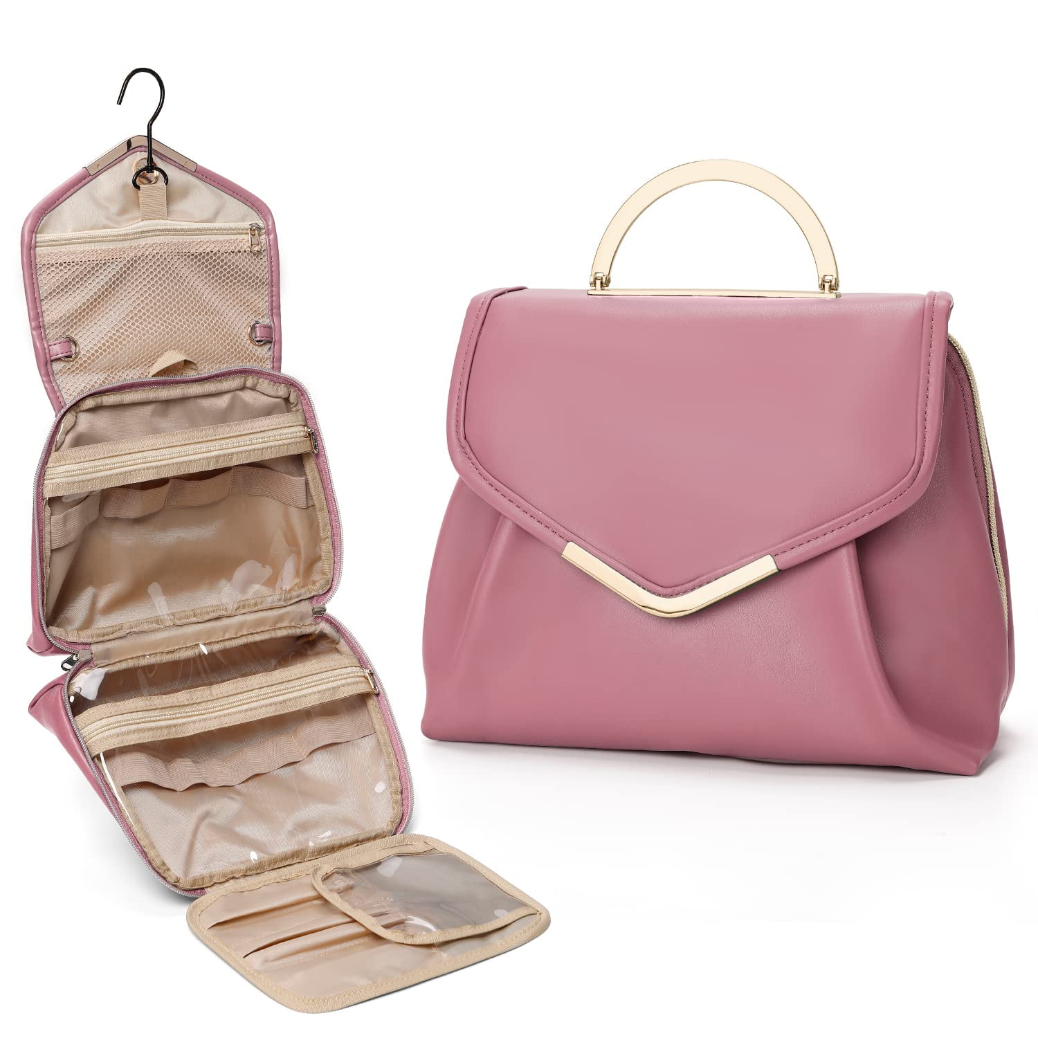 Toiletry Bag for Women Travel Makeup Bag with Metal Hanging Hook and Detachable Pouch Water resistant PU Leather Cosmetic Makeup Organizer Bag for Accessories Toiletries Cosmetics Pink Walmart