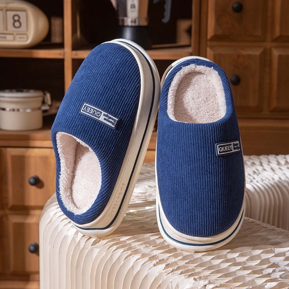 XIMIN Women Thick Sole Plush Striped Cotton Slippers Warm Memory Foam Comfy House Slippers with Anti-Skid Rubber Sole for Indoor and Outdoor,Autumn and Winter