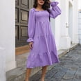 thumbnail image 4 of Wycnly Dresses for Women 2025 Fall Casual Elastic Waist Loose Flowy Ruffle Swing Lantern Sleeve A Line Dresses Solid Long Sleeve Square Neck Long Formal Dresses for Women Purple XL, 4 of 7