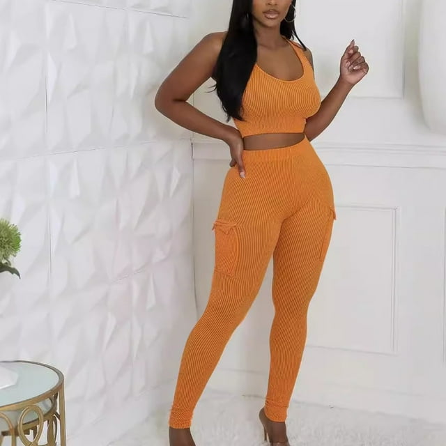 Conjunto de dos piezas de pantalones ajustados con bolsillos grandes y camiseta sin mangas de color liso para mujer, conjuntos de fajas, pantalones y blusa de poliéster para mujer