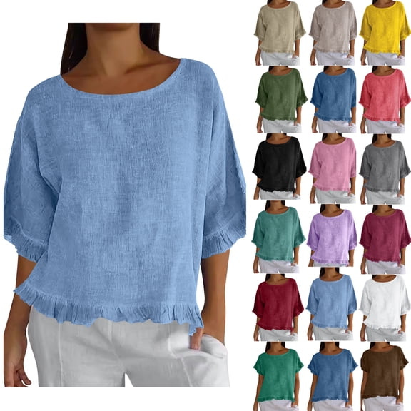 Danhjin Womens Shirts Short Sleeve Linen Crew Neck Tops Casual Collared Blouses Loose Spring Summer Beach Tops