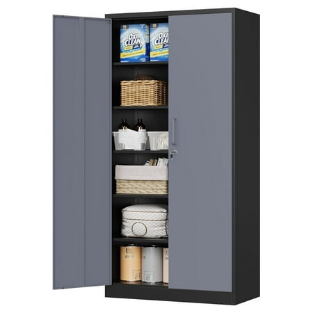 

Metal Storage Cabinet with Locking Doors Black Garage Storage Cabinets with 5 Adjustable Shelves