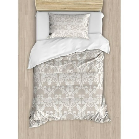 Natures Damask - Ambesonne Nature Garden Themed Pattern with Damask Imperial Tile Rococo Inspired Stylized Duvet Cover Set