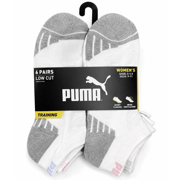 PUMA SOCKS WOMEN'S - LOW CUT 263 - ASHY WHITE GREY - SHOE SZ 5-9.5 - PACK 6