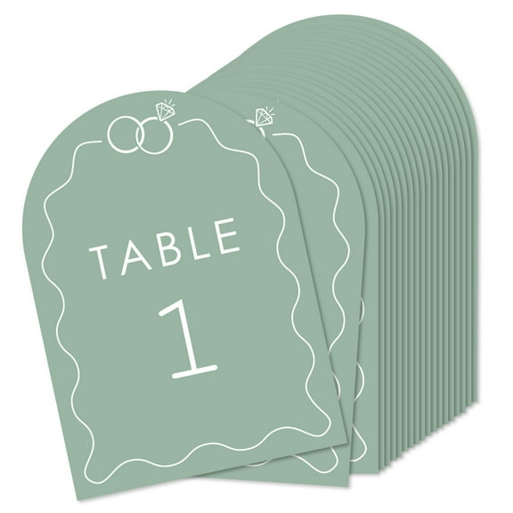 Big Dot of Happiness Sage Green Wedding Rings Table Numbers Centerpieces, Double-Sided 5 x 7 inches Cards, Table Numbers - 1-20