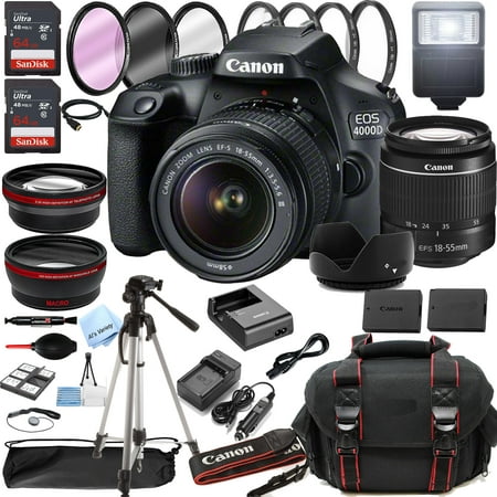 Canon EOS 4000D / Rebel T100 DSLR Camera with 18-55mm Lens + Optics Filter Set, Camera Bag + Sandisk Ultra 128GB Memory + Tripod + Wide Angle / Telephoto + Al's Variety Cleaning Kit, And More
