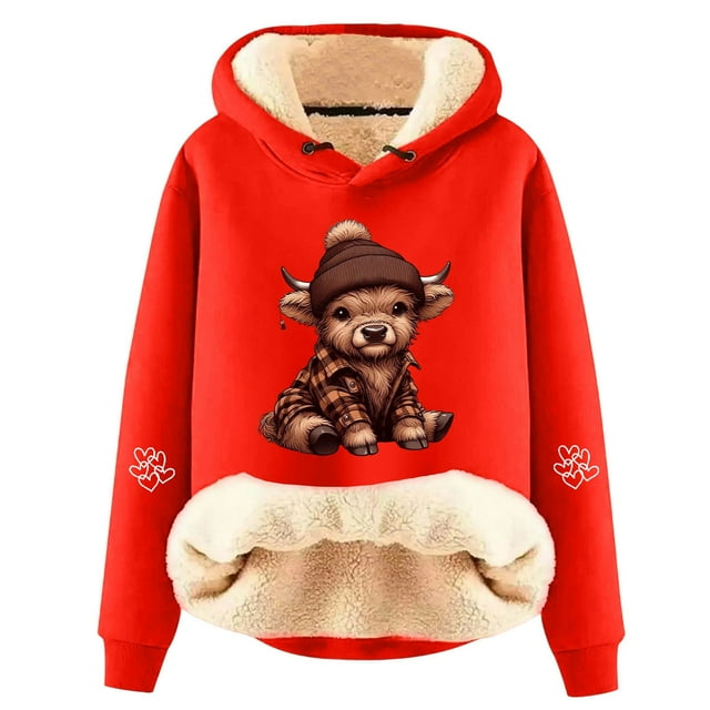 Chandail en Molleton Grande Taille, Sweat à Capuche Doublé Imprimé Vache Mignon Mode Décontractée Manches Longues pour Confort Confortable, Chandail en Molleton Col Rond Femmes, Taille : TG