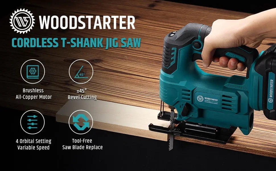 WOODSTARTER Cordless Jigsaw Tool with Battery & Charger, 3-Position Orbital Jig Saw for Makita 18V, 0°-45° Bevel Angle
