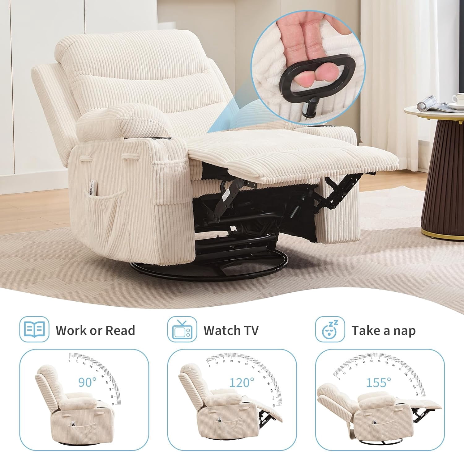 Recliner Chair Nursery, Oversized Manual Reclining Rocking Chair, 360 Swivel Glider with Cup Holder, Massage and Heat Recliner, Indoor Small Single Sofa Chairs for Adults, RV, Bedroom（Corduroy，Beige）