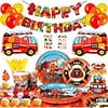 Fire Truck Birthday Party Supplies,155pcs Fire Truck Birthday Party Decorations for Boys - Fireman Happy Birthday Banner, Fire Truck Tablecloth Plates Cups Napkins ect Fire Truck Theme Birth