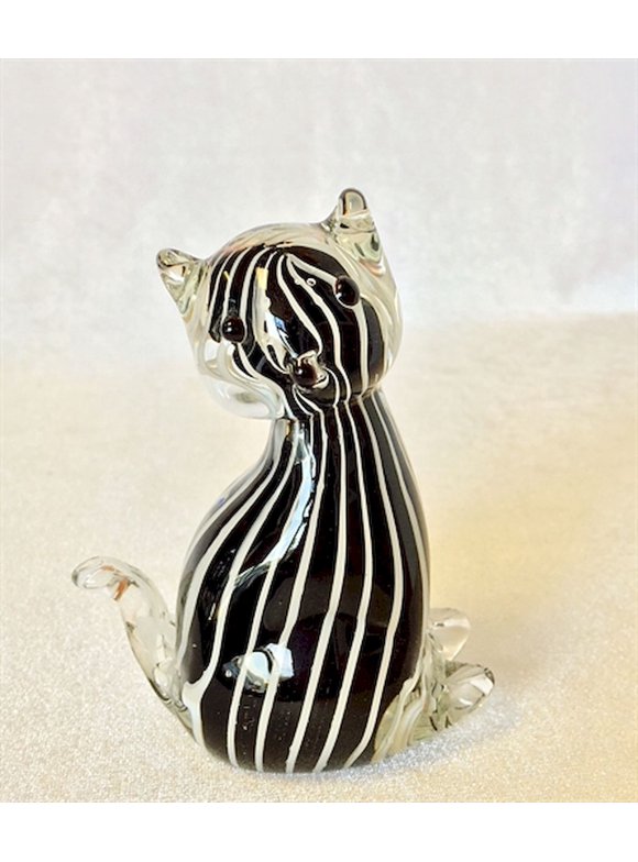 Black And White Stripes And Clear Sitting Cat Glass Figurine
