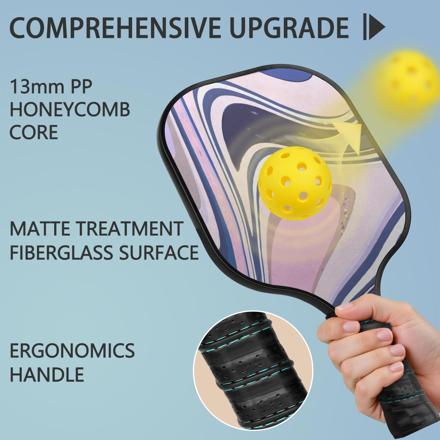 Pickleball Paddles Set Of 1, Fiberglass Surface, Liquid & Marble Print, 1 Paddles, 2 Balls & Bag