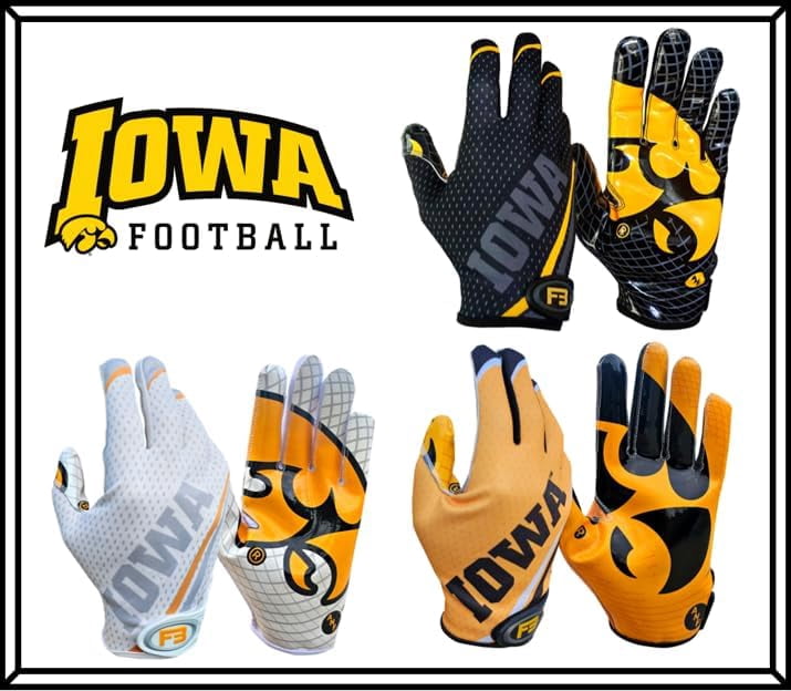 Scale Wear Design University of Iowa Hawkeyes Football Gloves with Super Stick-Tach Silicone Grip Palms. Men's & Youth Boys Sticky Football Receiver Gloves (White, Youth-L)