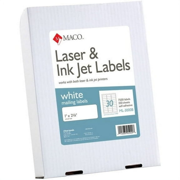 MACO White Laser/Ink Jet Address Label Permanent Adhesive - 1" x 2.62" Length - Rectangle - Laser, Inkjet - White - 30 / Sheet - 7500 / Box