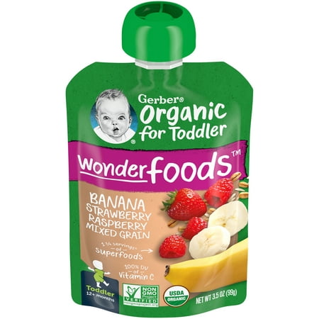 (Pack of 12) Gerber Organic Banana Strawberry Raspberry Mixed Grain Toddler Food, 3.5 oz Pouches