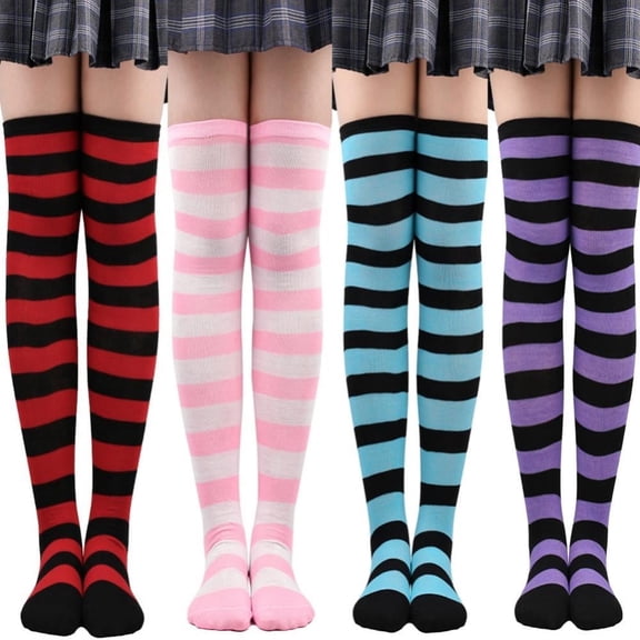 Summark 4 Pack Womens Long Socks Striped Thigh High Socks Cotton Over the Knee Socks Leg Warmers Christmas Stockings