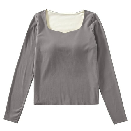 Spring Tops For Women Long Sleeve Shirts Casual Ladies V Neck Warm Slim Chest Pad Seamless Underwear Basic Womens T Shirts Grey M