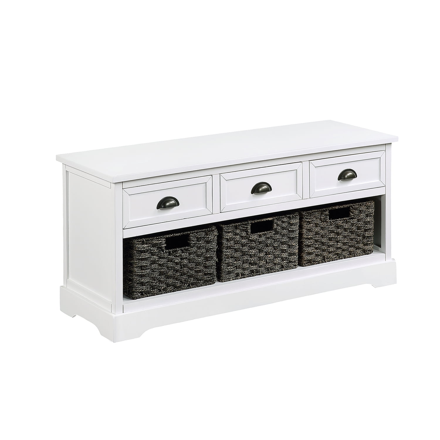 Kadyn Wood Storage Bench, Entryway Shoe Storage Bench with 3 Drawers and 3 Woven Baskets, Modern MDF Bench Seat for Entryway, Bedroom, White Kadyn Wood Storage Bench, Entryway Shoe Storage Bench with 3 Drawers and 3 Woven Baskets, Modern MDF Bench Seat for Entryway, Bedroom, White
