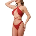 thumbnail image 4 of INSPIRE CHIC Women's Criss Cross Ribbed Knit Bikini Sets 2 Piece Strappy Top Triangle Bottom Swimwear Bathing Suits Medium Red, 4 of 5