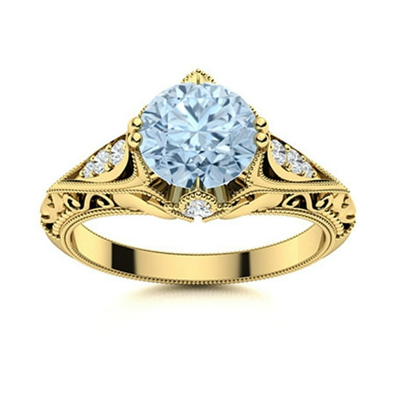 Art Deco Inspired 7MM Round Aquamarine 925 Sterling Silver Gold Vermeil Women Boho Ring