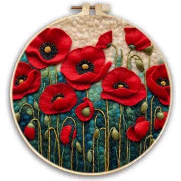Kit de Fieltro de Lana para Principiantes | Amapolas (20 cm con Marco)