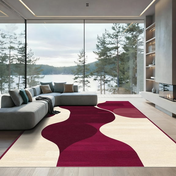ODIKA 4'x6' Machine Washable Non-Slip Area Rug, Abstract Burgundy High Traffic Rug, Red, 1078121