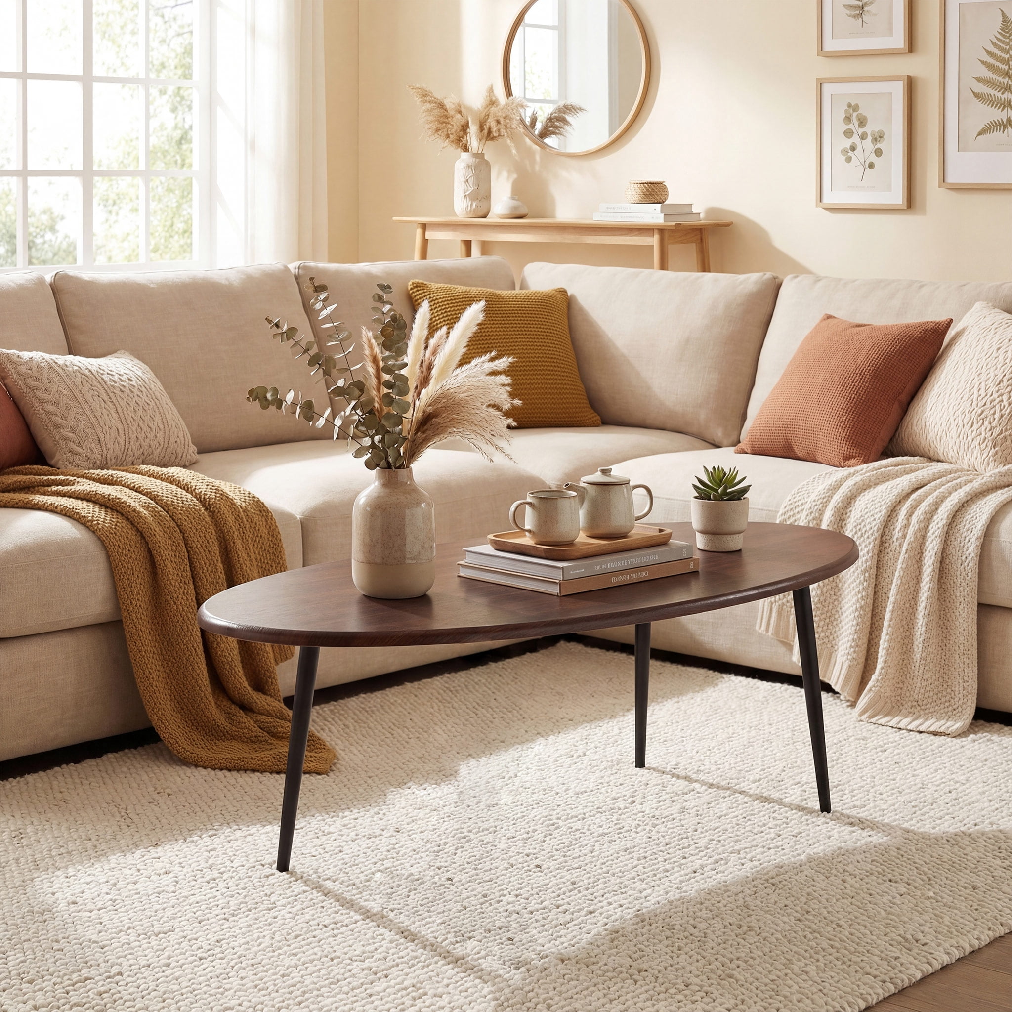 ELLEGNT Oval Coffee Table with Sturdy Metal Frame - Mid Century Center Table for Home Walnut