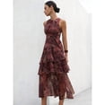 thumbnail image 6 of Multicolor Flowy Ruched Tiered Ruffled Paisley Chiffon Midi Dress, Lined, Spring Summer, 6 of 6