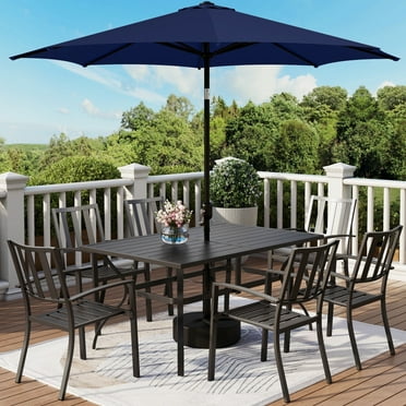 MF Studio 8-Piece Outdoor Patio Dining Set with 9 ft Umbrella, Stacking Chairs & 6-Person Table, Black & Navy Blue