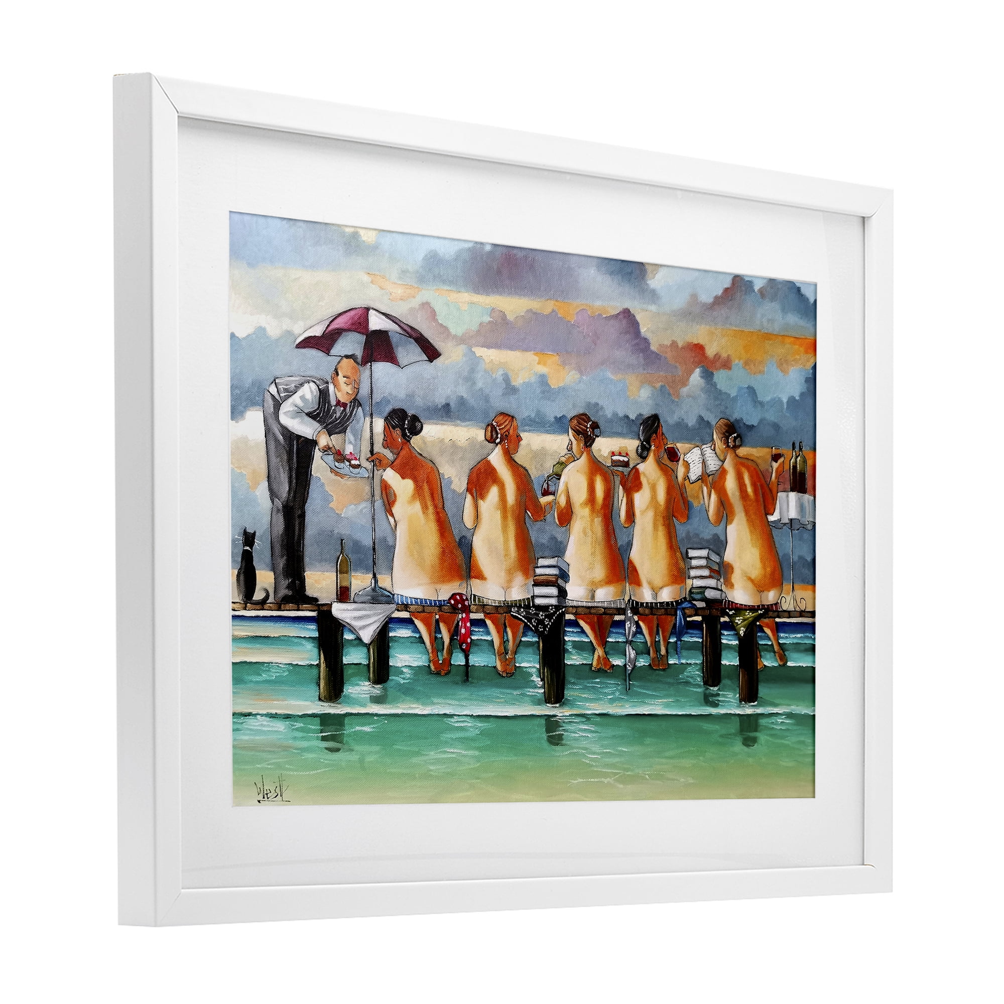 The Book Club Beachgoers White Framed Print Under Glass, design by Ronald West