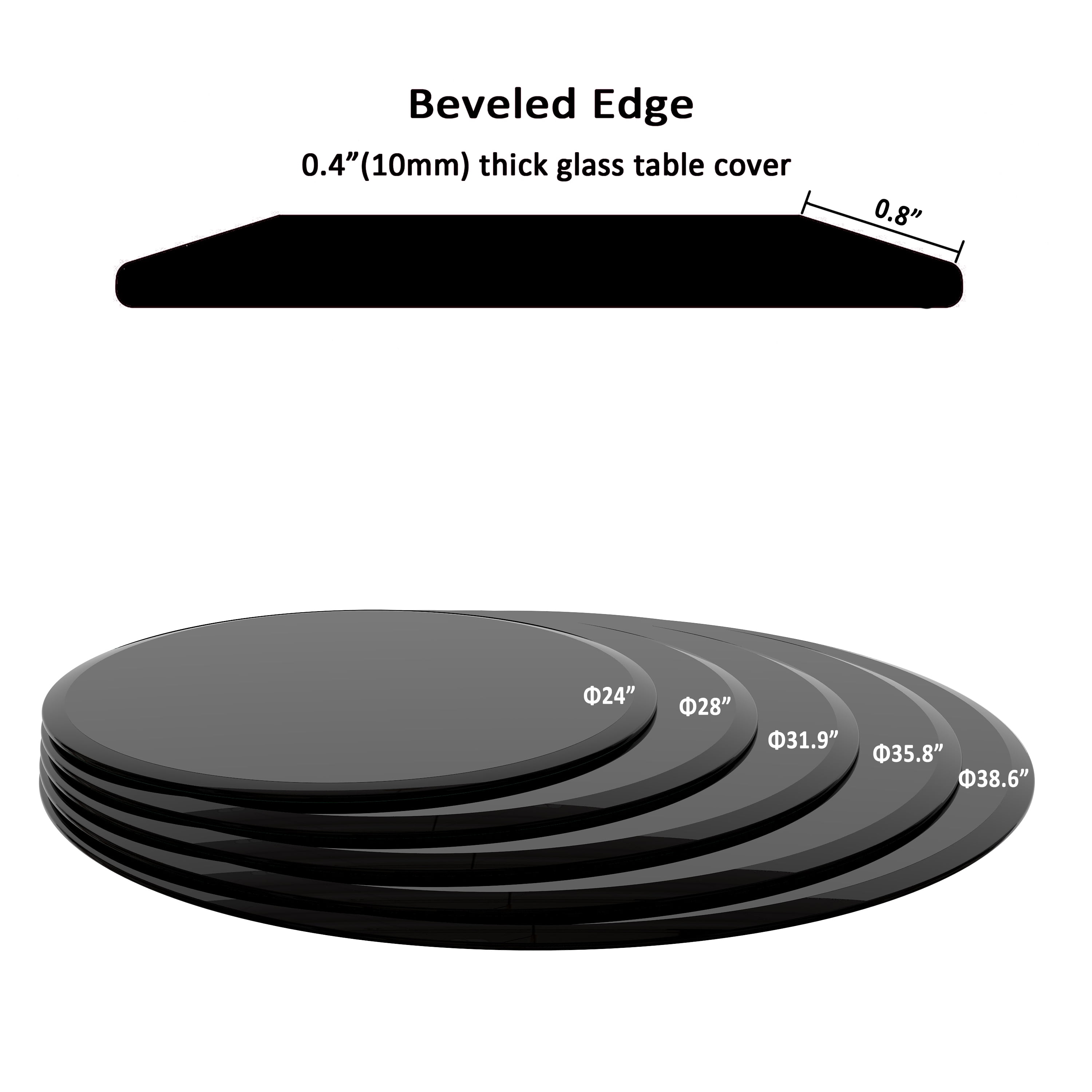 MAYEERTY 24" Round Tempered Glass Table Top, 2/5 Thick Beveled Polished Edge, Black