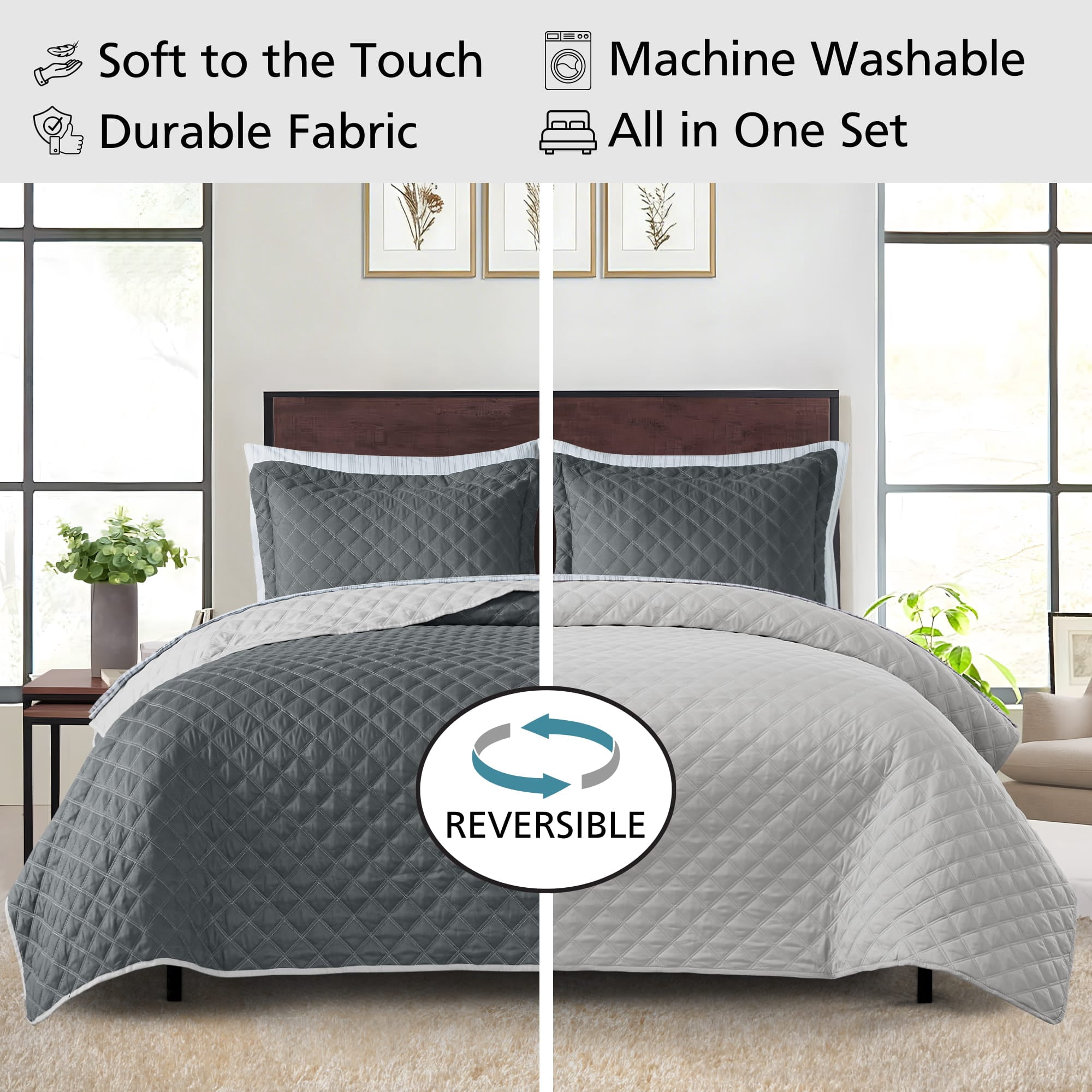 Mainstays All in One Lightweight Quilt Set and Sheet Set -7 Piece, Full, Gray